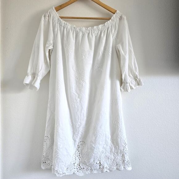Abercrombie & Fitch Embroidered Lace Off Shoulder Dress White M Cottage Bridal - Picture 4 of 8